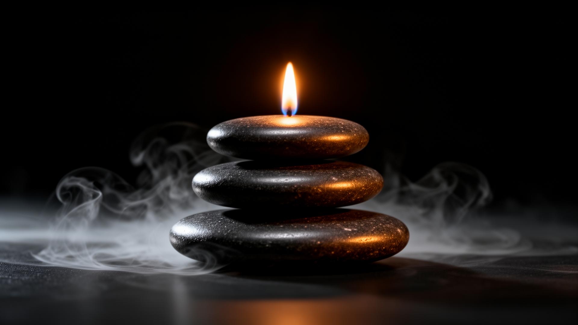 Stacked stones with candle, soft mist